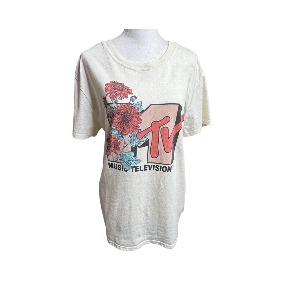 MTV Ivory Cream Floral Graphic T-Shirt Size Large - Picture 5 of 9